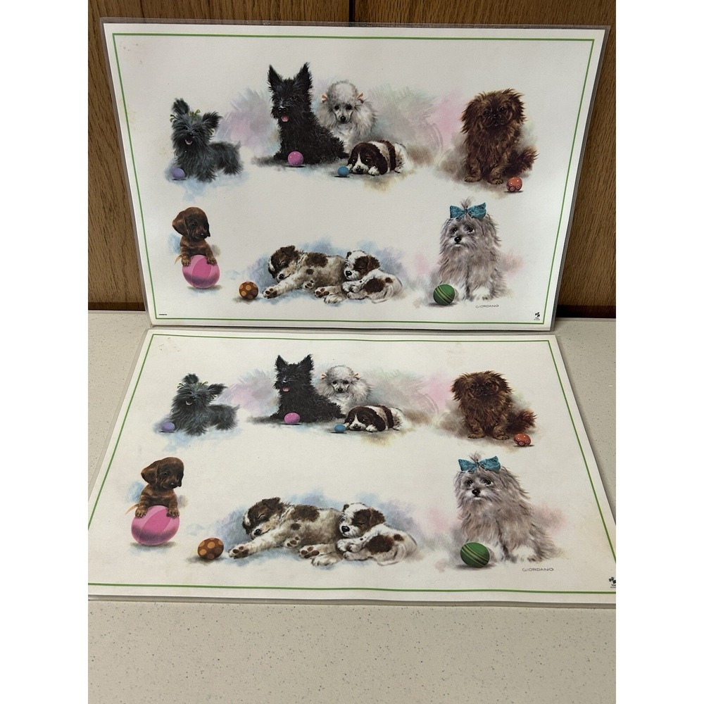 Vtg 70s DOGS Puppies POODLES Reversible to Plaid Laminate Placemats GIORDANO x2